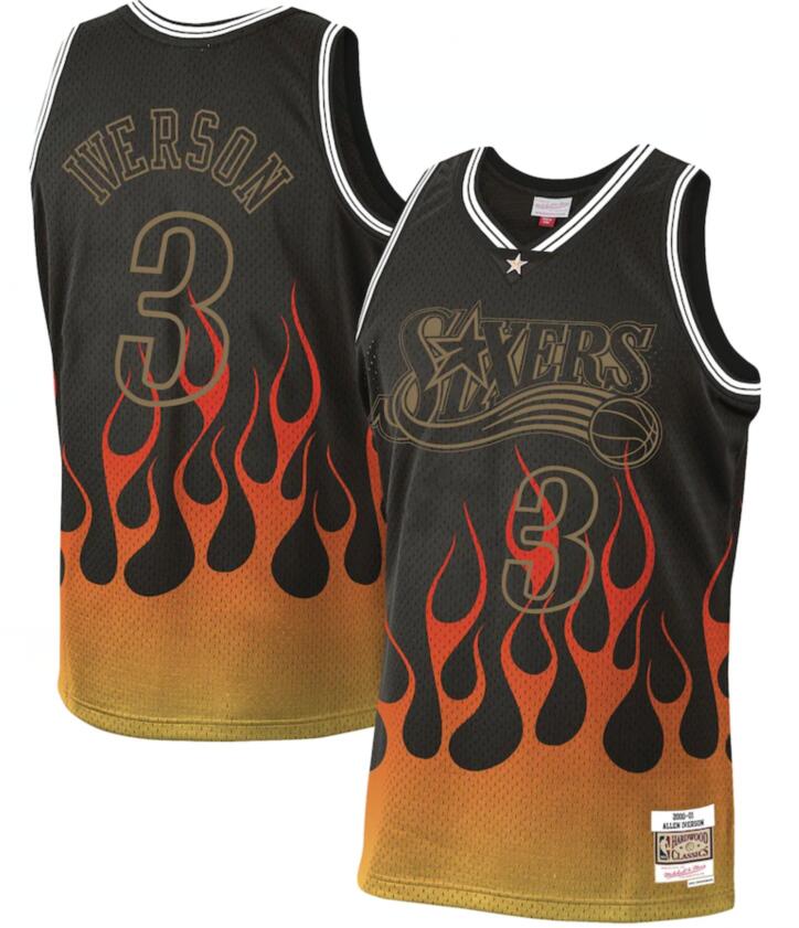 Philadelphia 76ers 3 Allen Iverson Black 2000 01 Hardwood Classics Flames Swingman Jersey