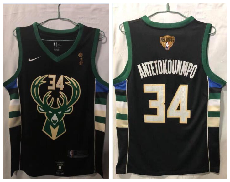 Men Bucks 34 Giannis Antetokounmpo Black Nike 2021 NBA Finals Champions Swingman Jersey