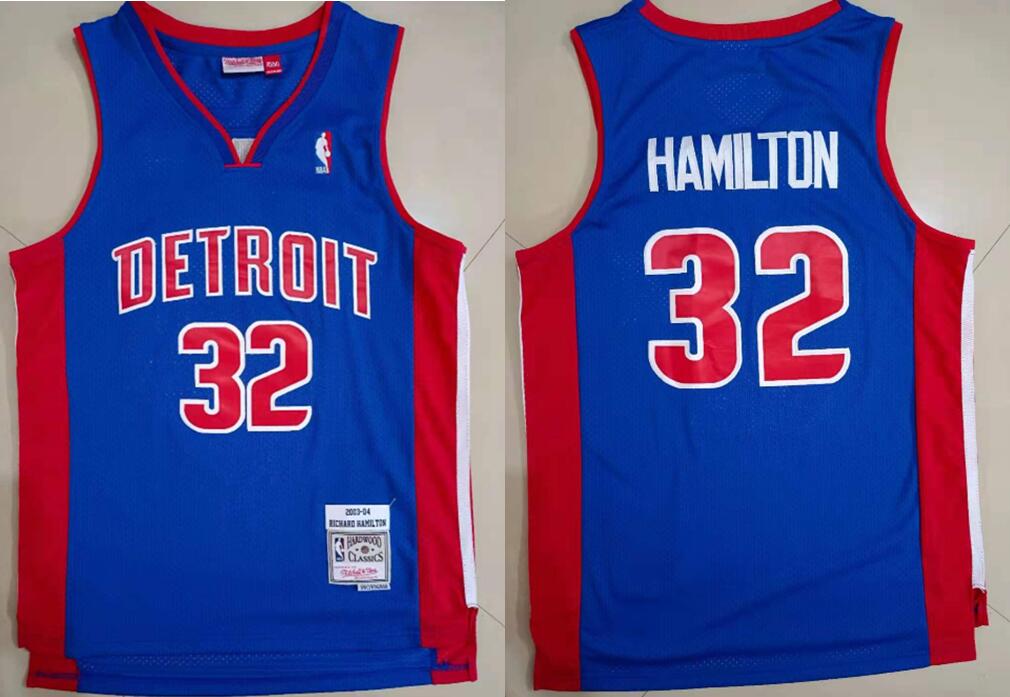 Men Detroit Pistons Richard Hamilton #32 Blue Hardwood Classic Mitchell Ness Jersey