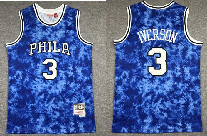 Men Philadelphia 76ers Allen Iverson 3 Blue Constellation Edition Hardwood Classic Mitchll Ness NBA 