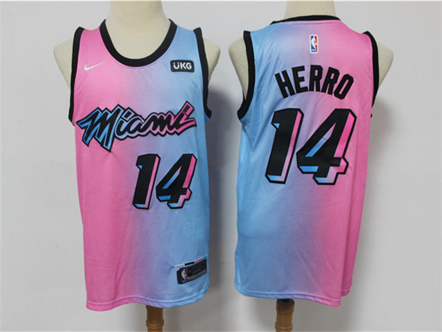 Men Nike Miami Heat 14 Tyler Herro Blue Pink Nike 2021 City Edition Swingman Jersey