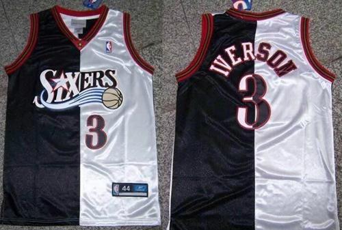 Men 76ers #3 Allen Iverson Black White Split Fashion Stitched NBA Jersey