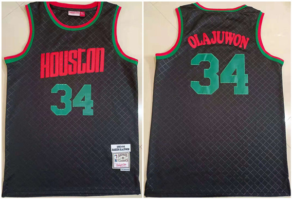 Men Houston Rockets 34 Hakeem Olajuwon Black 1993 94 Throwback Stitched Jersey