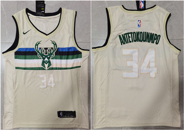 Men Milwaukee Bucks 34 Giannis Antetokounmpo Cream Stitched Jersey