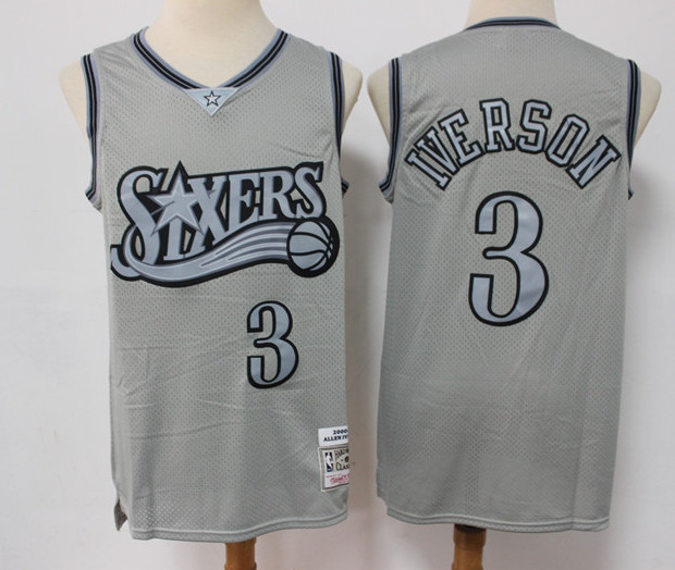 Men Philadelphia 76ers 3 Allen Iverson Grey Throwback Stitched Basketball Jersey