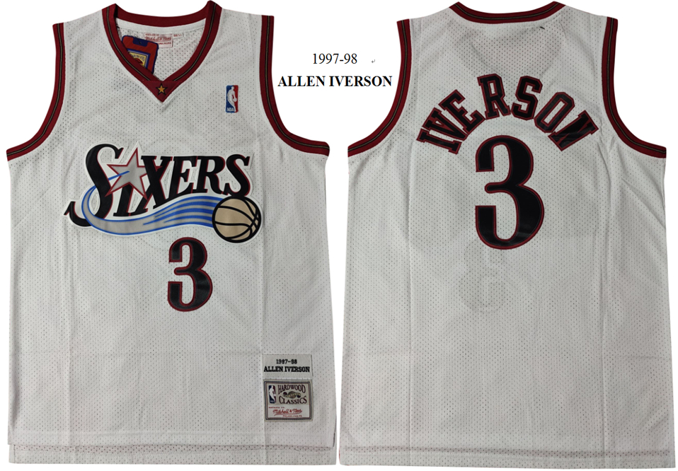 Philadelphia 76ers 3 Allen Iverson White 1997 98 Hardwood Classics Mesh Jersey