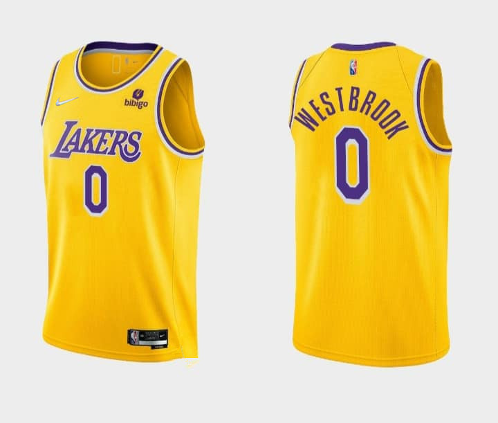 Men Los Angeles Lakers 0 Russell Westbrook Bibigo Yellow Stitched Basketball Jersey