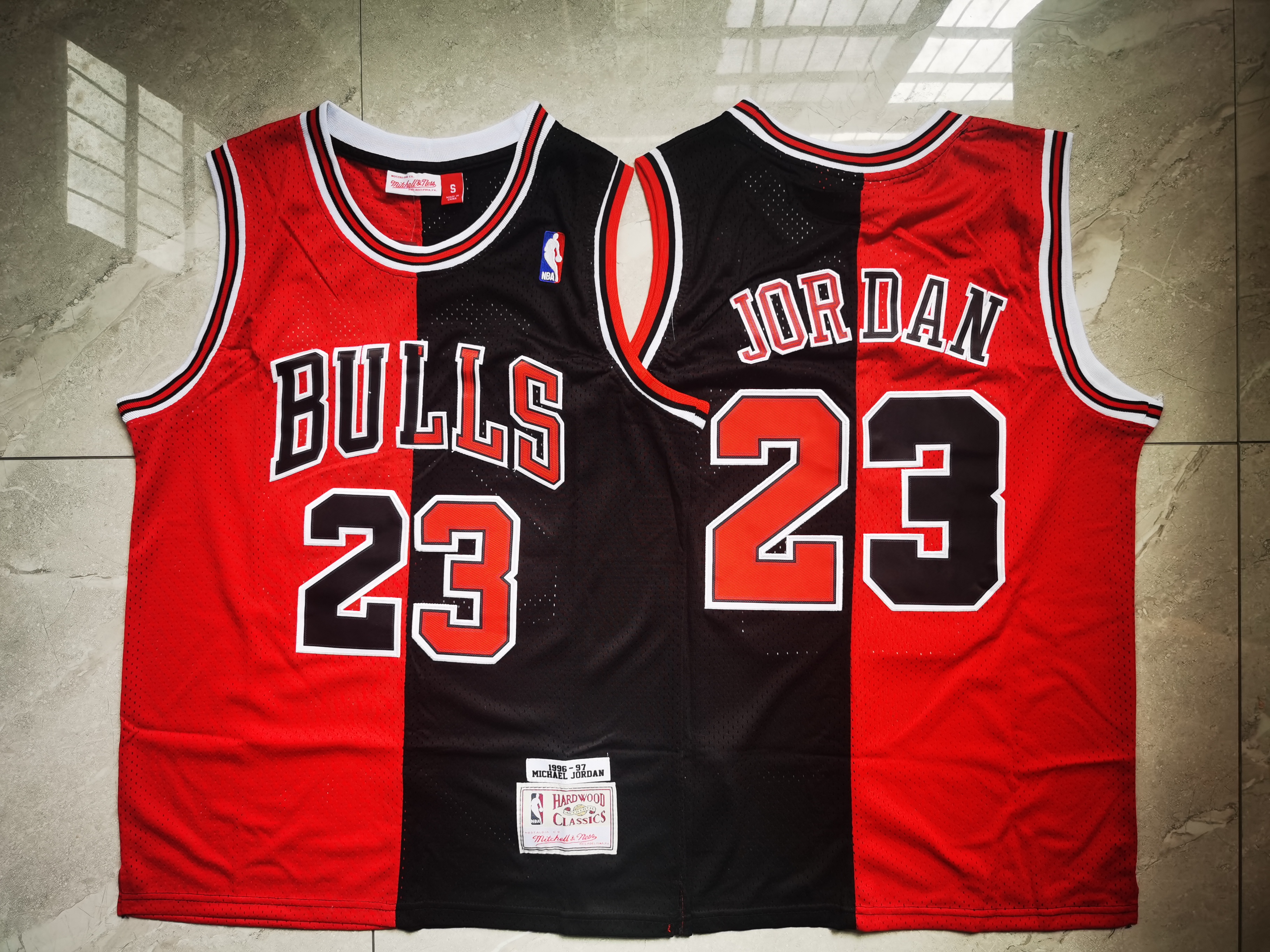 Men Chicago Bulls Michael Jordan 23 Red Black Split Mitchells Ness Hardwood Classics NBA Jersey