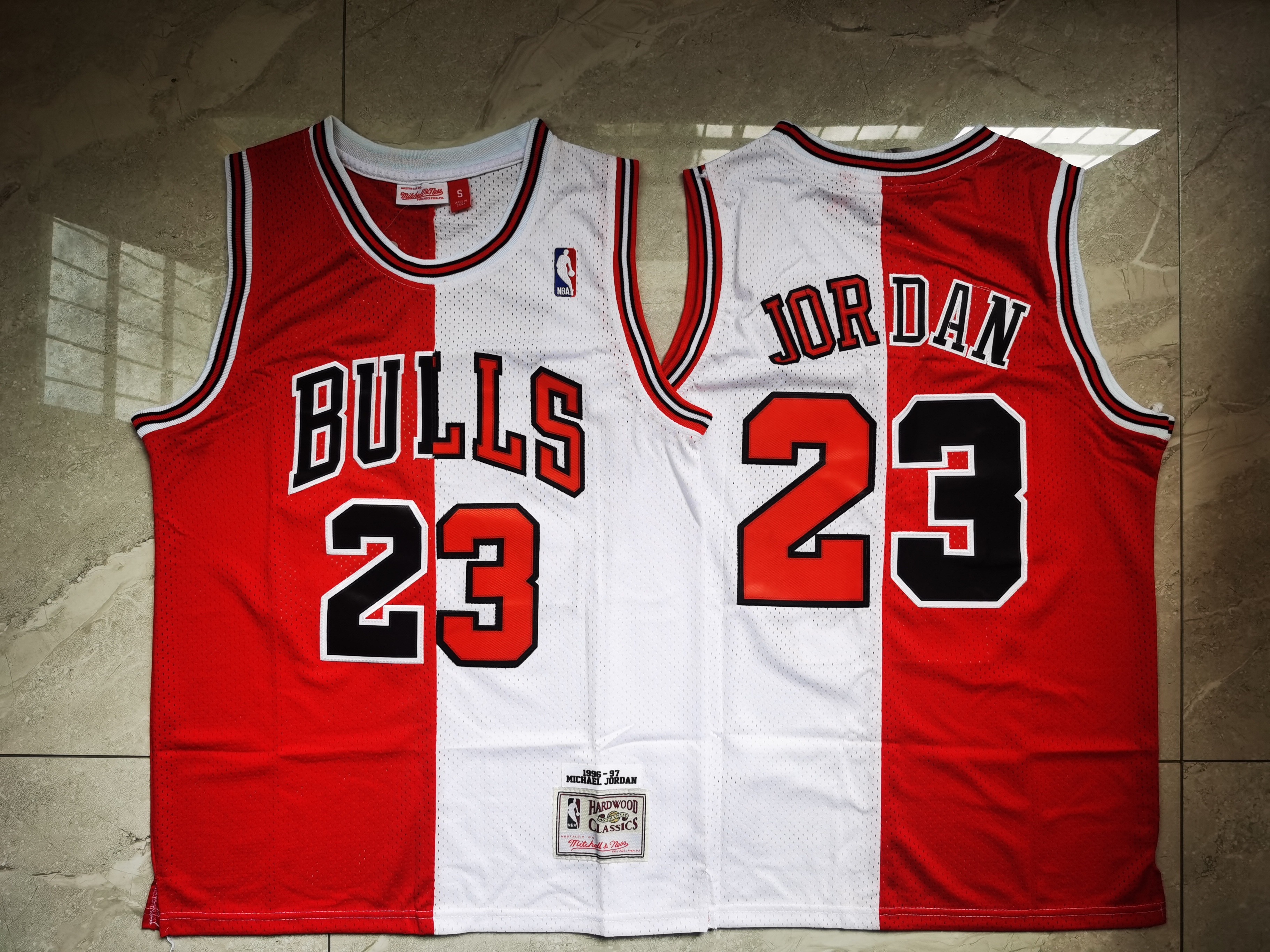 Men Chicago Bulls Michael Jordan 23 Red White Split Mitchells Ness Hardwood Classics NBA Jersey