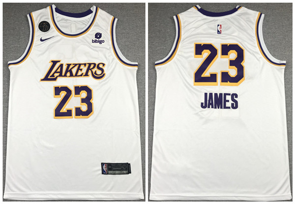 Men Los Angeles Lakers 23 LeBron James Bibigo White With KB Patch Stitched Jersey