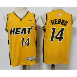 Men Miami Heat 14 Tyler Herro Yellow Nike Swingman 2021 Earned Edition Stitched Jersey With NEW Spon