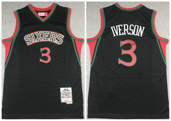 Men Philadelphia 76ers 3 Allen Iverson Black Throwback Stitched Jersey