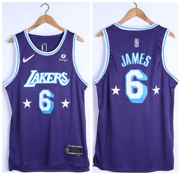 Men Los Angeles Lakers 6 LeBron James Bibigo Purple 75th Anniversary City Edition Stitched Jersey