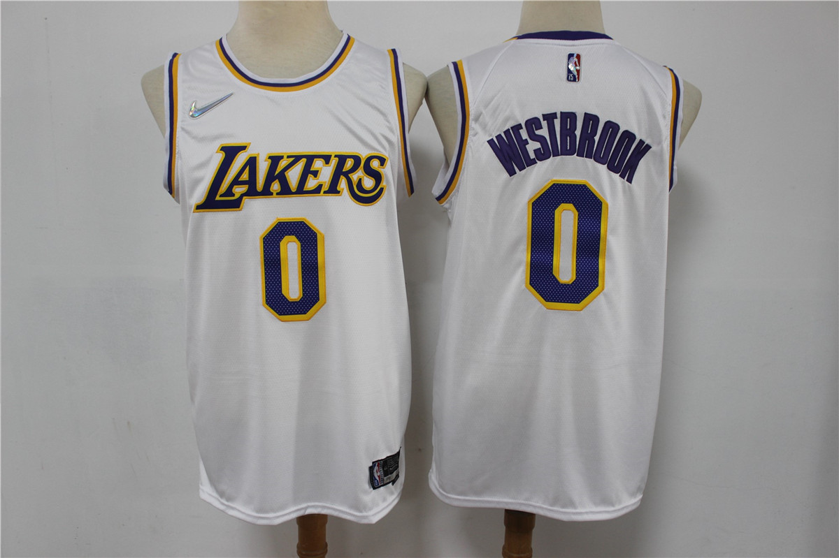 Men Los Angeles Lakers Russell Westbrook 0 White 75th Anniversary White Stitched Jersey