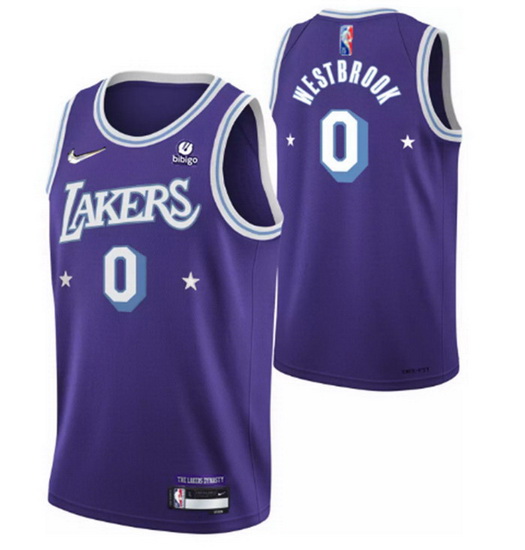 Men's Los Angeles Lakers #0 Russell Westbrook Purple 2021 City Edition 75th Anniversary Stitched Jer