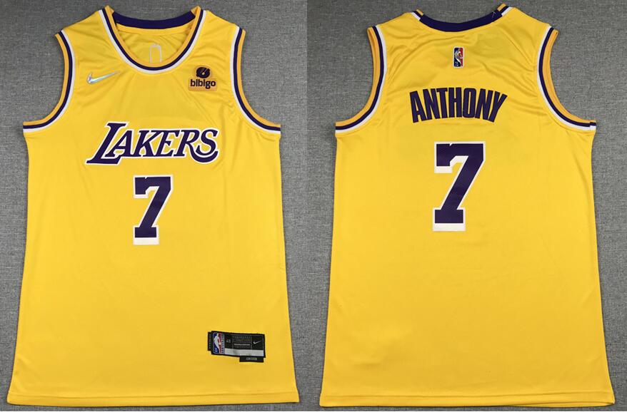 Men's Los Angeles Lakers #7 Carmelo Anthony 2021 22 City Edition Yellow Stitched Jersey