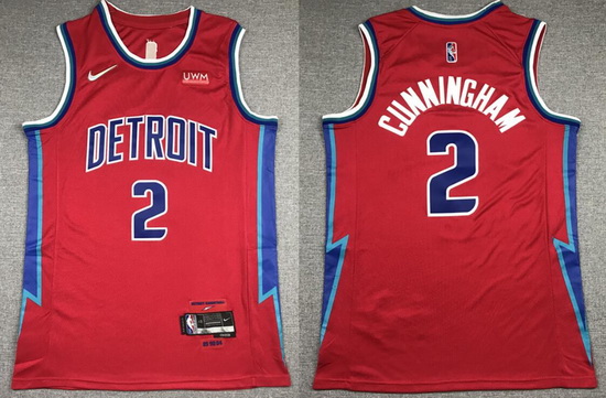 Men Detroit Pistons #2 Cade Cunningham Red 2021 75th Anniversary City Edition Player Jersey