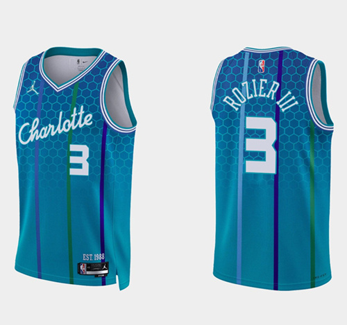 Men Charlotte Hornets 3 Terry Rozier III 2021 22 Blue 75th Anniversary City Edition Stitched Basketb