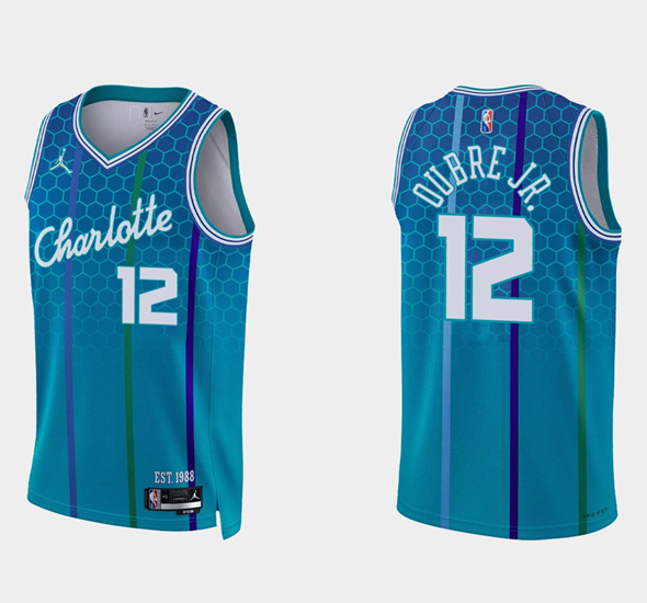 Men Charlotte Hornets 12 Kelly Oubre Jr  2021 22 Blue 75th Anniversary City Edition Stitched Basketb