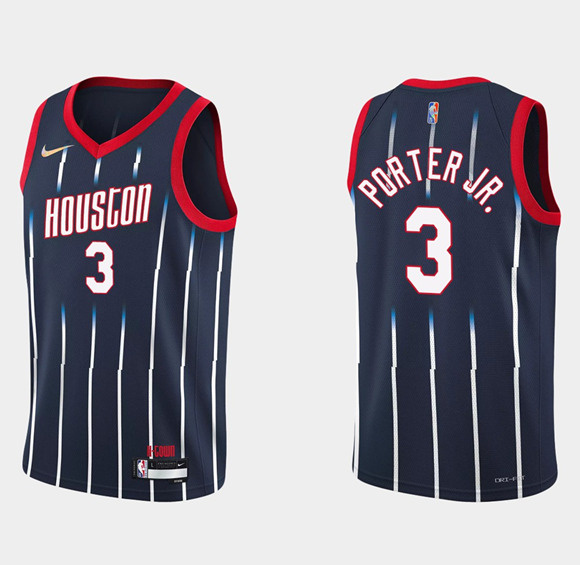 Men Houston Rockets 3 Kevin Porter Jr  2021 22 City Edition 75th Anniversary Navy Stitched Basketbal