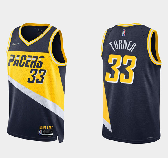 Men Indiana Pacers 33 Myles Turner 2021 22 Navy City Edition 75th Anniversary Stitched Basketball Je