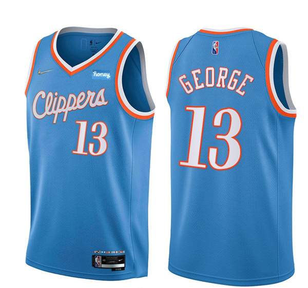 Men Los Angeles Clippers 13 Paul George 2021 22 City Edition Light Blue 75th Anniversary Stitched Ba