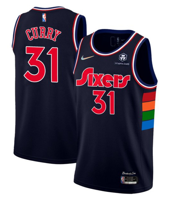 Men Philadelphia 76ers 31 Seth Curry 2021 22 City Edition Navy 75th Anniversary Stitched Swingman Je