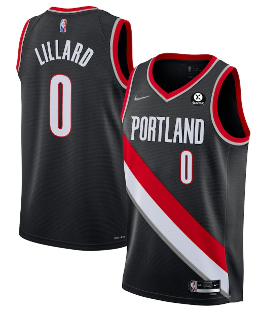 Men Portland Trail Portland Blazers 0 Damian Lillard Black 2021 22 Icon Edition 75th Anniversary Sti