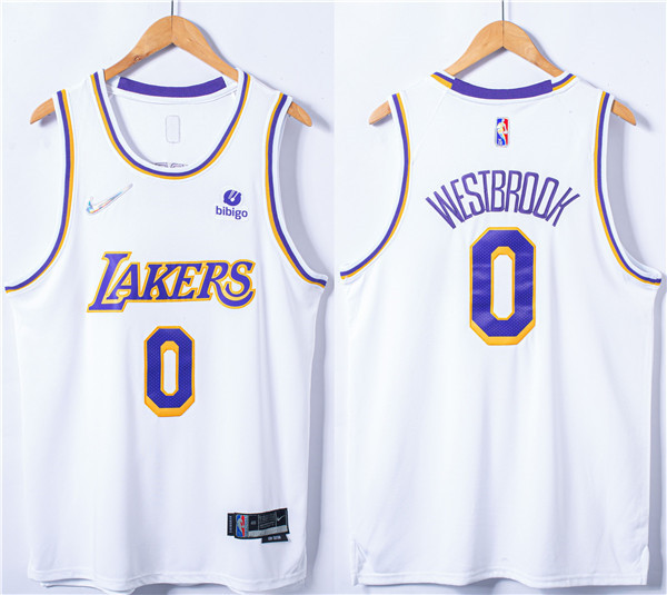 Men's Los Angeles Lakers #0 Russell Westbrook 75th Anniversary Bibigo White Stitched Basketball Jers