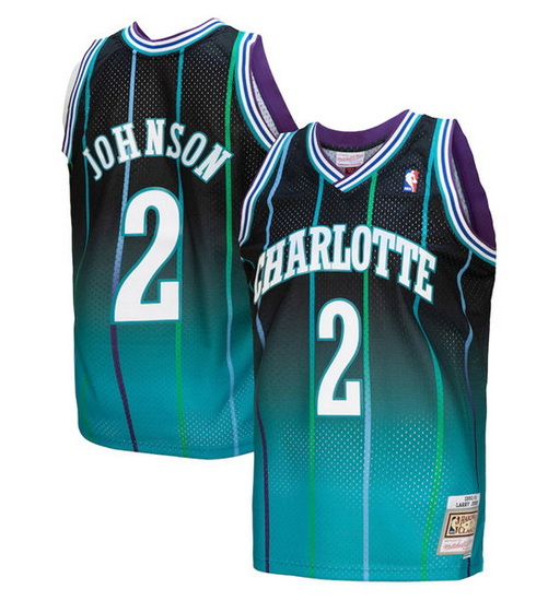 Men Charlotte Hornets 2 Larry Johnson Teal Black Throwback Stitched Jersey