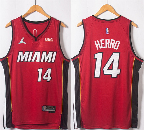 Men Miami Heat 14 Tyler Herro Red Statement Edition 75th Anniversary Stitched Jersey