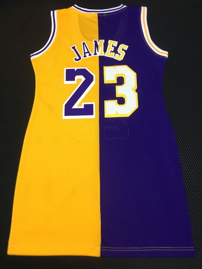 Women Los Angeles Lakers 23 Lebron James Dress Stitched Jersey Yellow Purple Split II