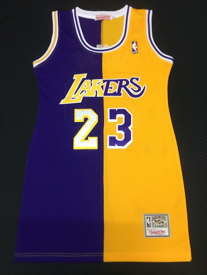 Women Los Angeles Lakers 23 Lebron James Dress Stitched Jersey Yellow Purple Split