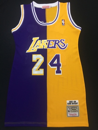 Women Los Angeles Lakers 24 Kobe Bryant Dress Stitched Jersey Yellow Purple Split