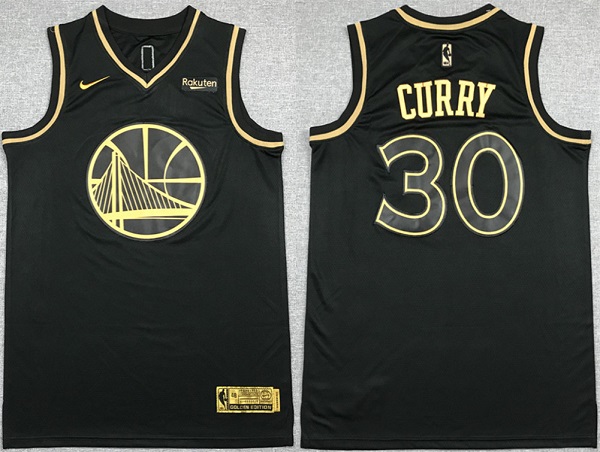 Men Golden State Warriors 30 Stephen Curry Black Gold Stitched Jersey