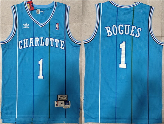 Men Charlotte Hornets 1 Muggsy Bogues Blue Mitchell  26 Ness Throwback Stitched Jersey