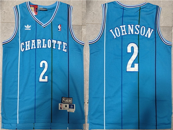 Men Charlotte Hornets 2 Larry Johnson Blue Mitchell  26 Ness Throwback Stitched Jersey