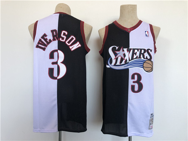 Men Philadelphia 76ers 3 Allen Iverson White Black Splite Throwback Basketball Jersey