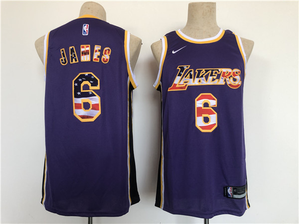 Men Los Angeles Lakers 6 LeBron James Purple USA Flag Stitched Basketball Jersey