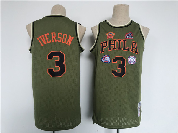 Men Philadelphia 76ers 3 Allen Iverson Olive Throwback Basketball Jersey