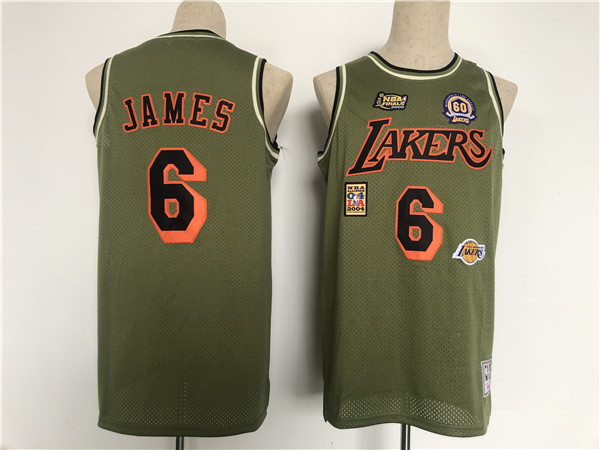 Men Los Angeles Lakers 6 LeBron James Green Military Flight Patchs Stitched Basketball Jersey