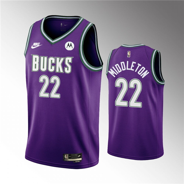 Men Milwaukee Bucks 22 Khris Middleton 2022 23 Purple Classic Edition Swingman Stitched Basketball J