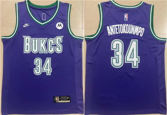 Men Milwaukee Bucks 34 Giannis Antetokounmpo 2022 23 Purple Classic Edition Swingman Stitched Basket