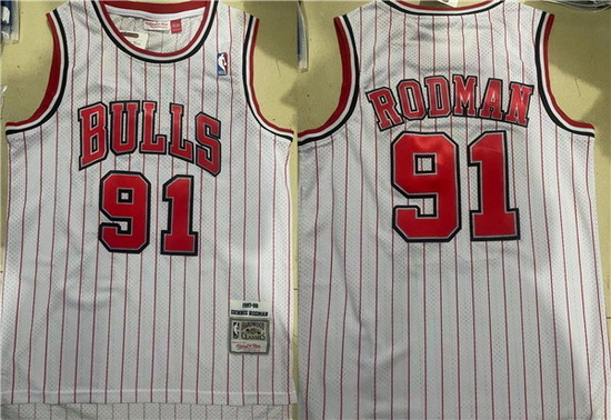 Men Chicago Bulls 91 Dennis Rodman White Stitched Jersey