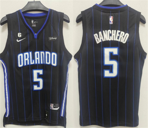 Men Orlando Magic 5 Paolo Banchero Black With No 6 Patch Icon Edition Stitched Swingman Jersey