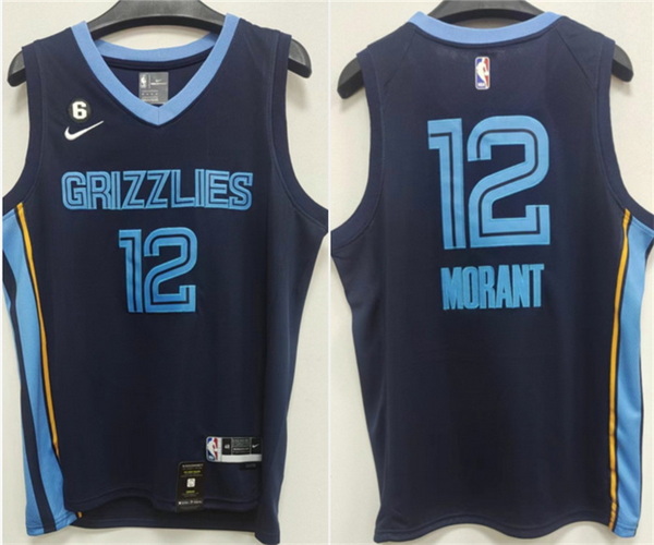 Men Memphis Grizzlies 12 Ja Morant Navy With NO 6 Patch Stitched Jersey