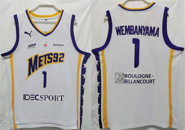 Men Boulogne Levallois Metropolitans 92 1 Victor Wembanyama White Stitched Jersey