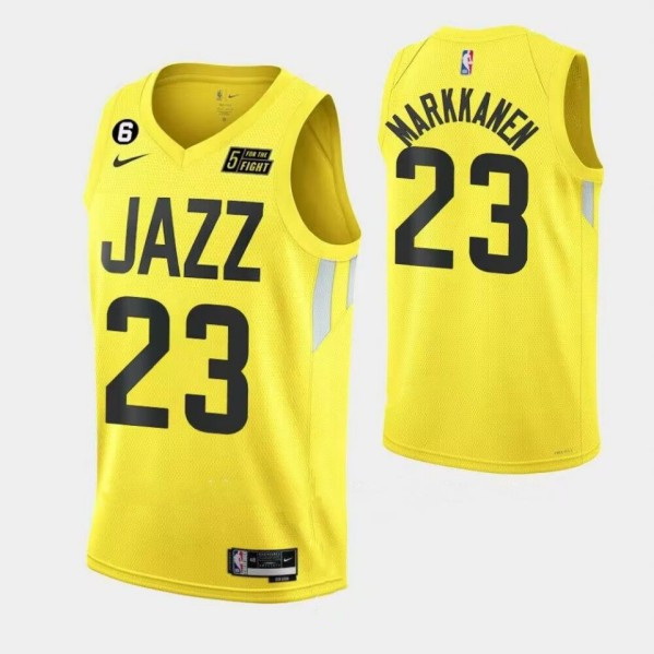 Men Utah Jazz 23 Lauri Elias Markkanen With No 6 Patch Yellow 2022 23 Association Edition Stitched B