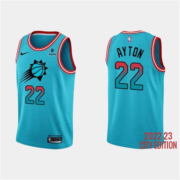 Men Phoenix Suns 22 Deandre Ayton Blue 2022 23 City Edition With Black Payple Patch Stitched Basketb