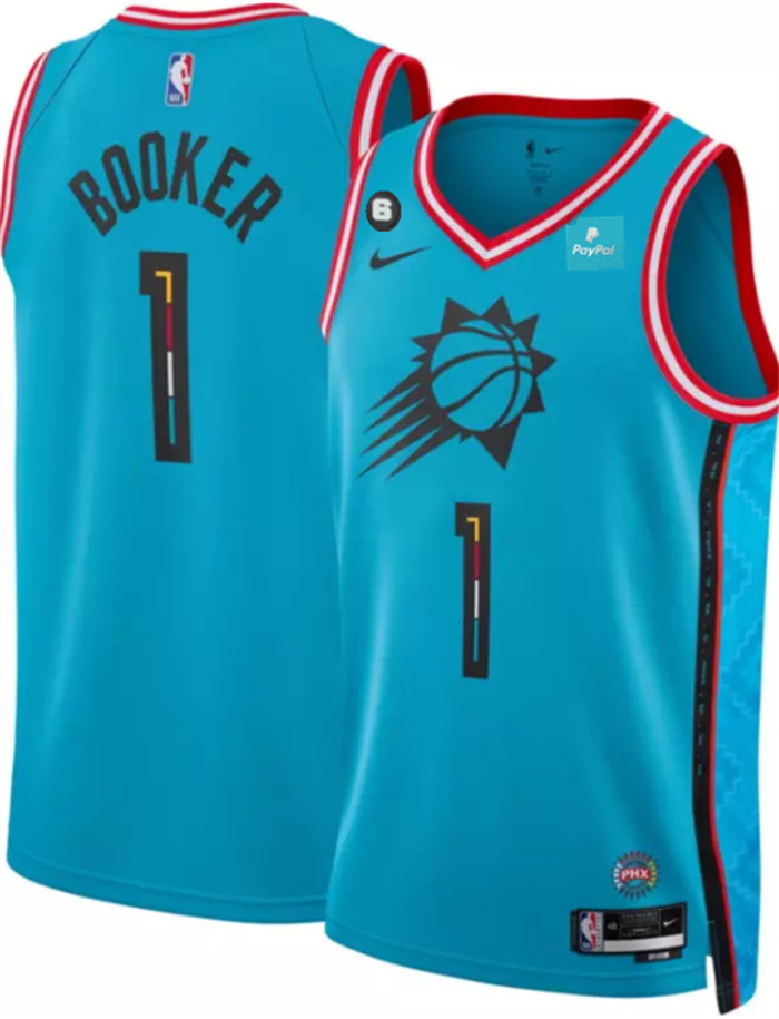 Men Phoenix Suns 1 Devin Booker Blue 2022 23 City Edition With NO 6 Patch Stitched Basketball Jersey